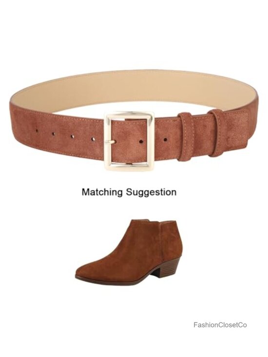 Genuine Suede Leather Wide Belt with Gold Buckle for Women